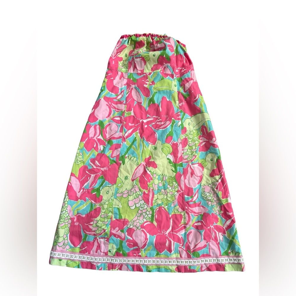 Lilly Pulitzer Pink & Green Floral Toucan Print A-Line Strapless - Size 2